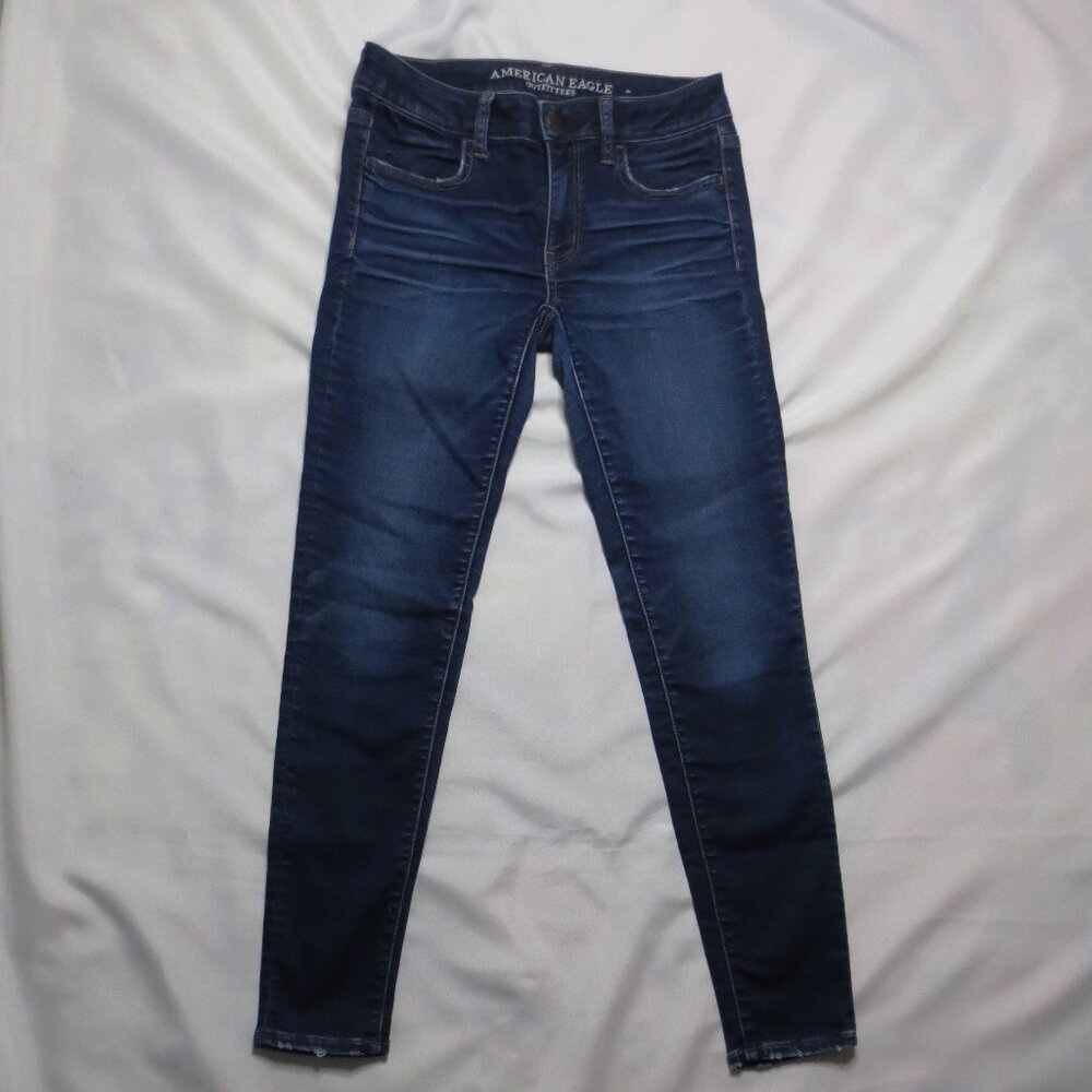AMERICAN EAGLE womens JEANS blue SUPER STRETCH jegging TAN EMBROIDERY SIZE 4